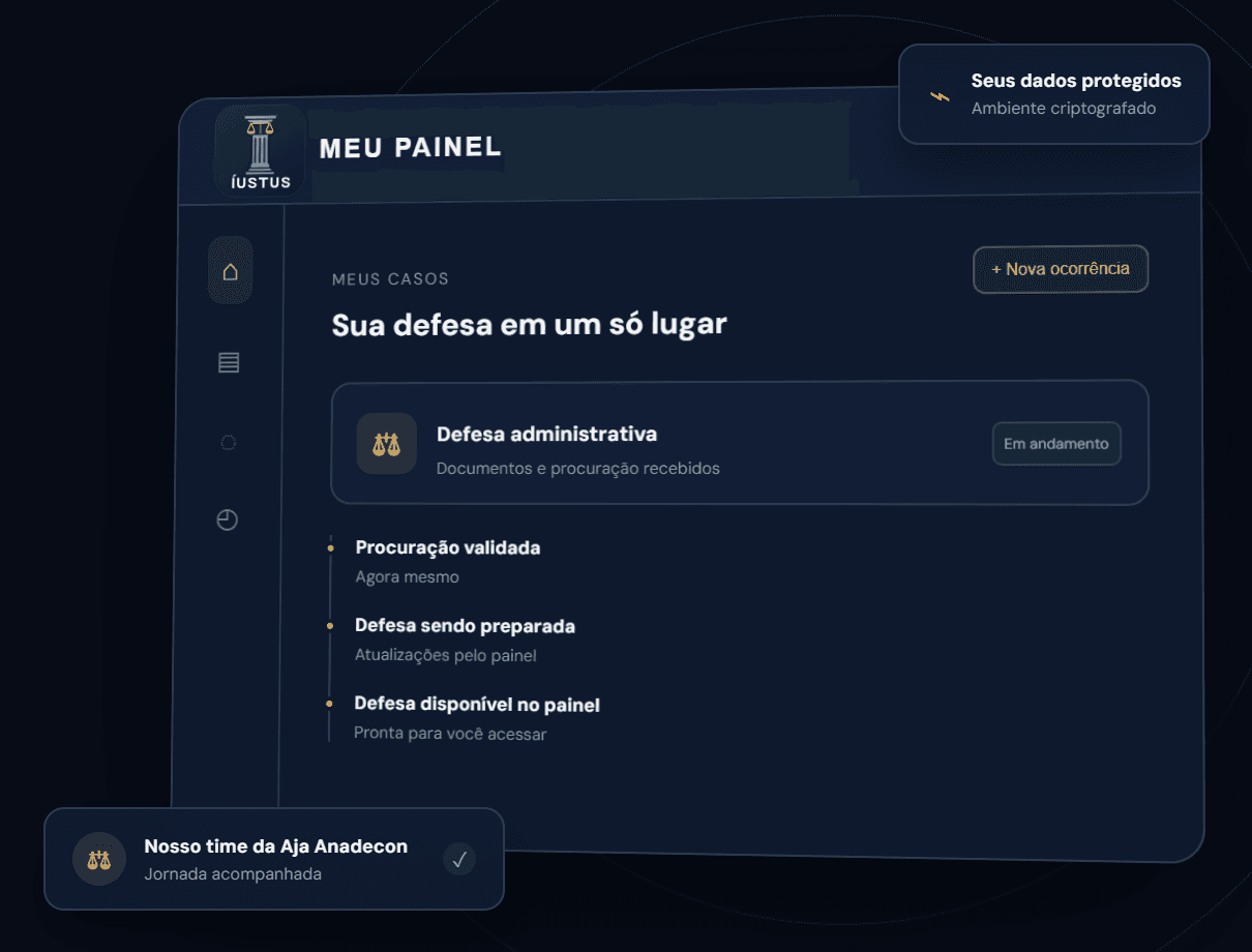 Prévia do dashboard Iustus: acompanhamento de casos, documentos e etapas da defesa.